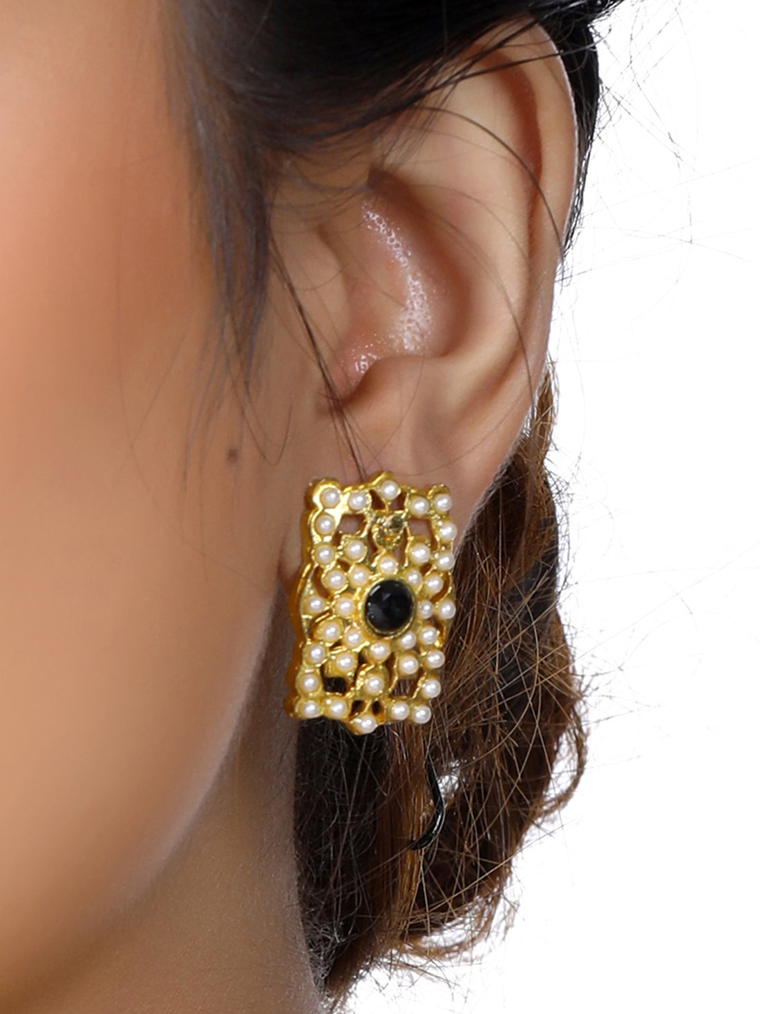 Gold Plated Black Kundan Stud Earrings for Women