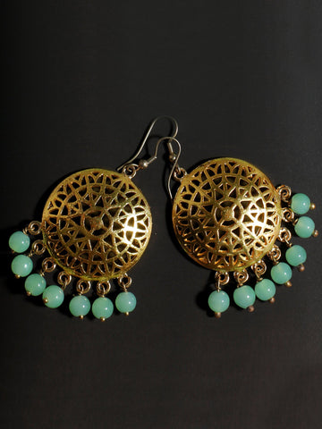 Gold Plated Mint Green Beads Kundan Dangler Earrings for Women