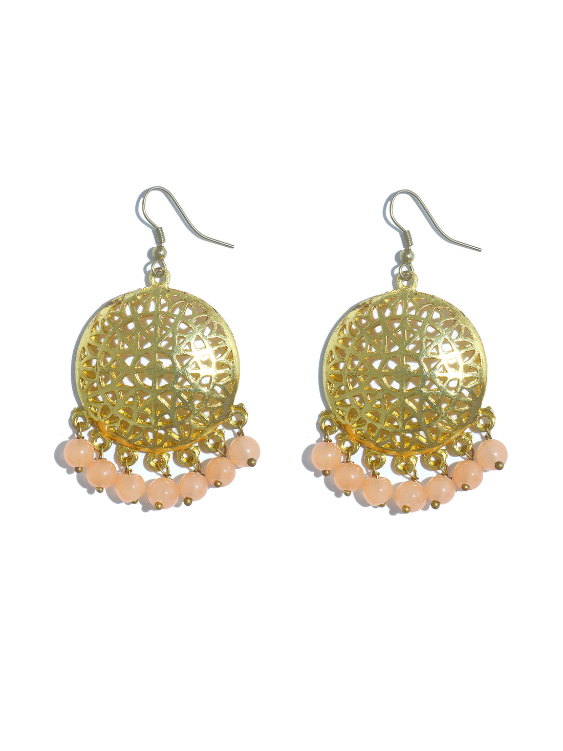 Gold Plated Peach Beads Kundan Dangler Earrings for Women