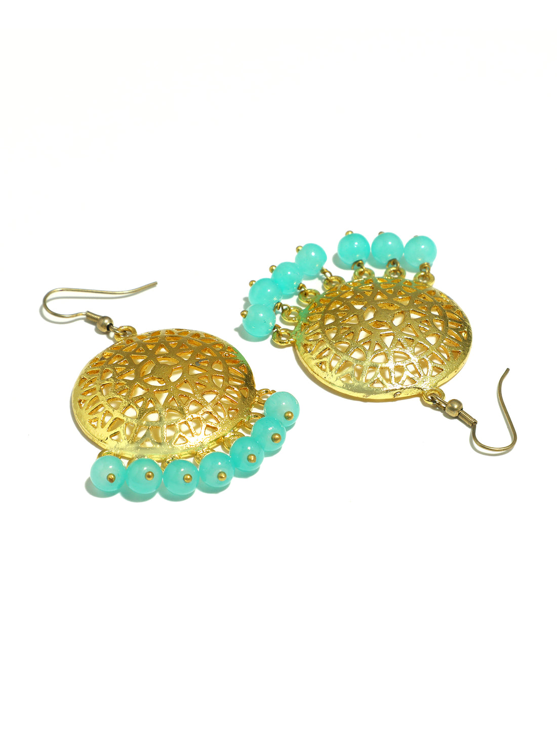 Gold Plated Mint Blue Beads Kundan Dangler Earrings for Women