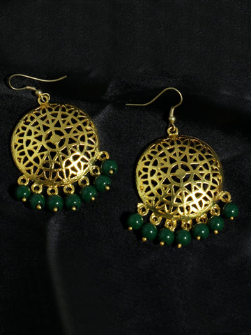 Gold Plated Green Beads Kundan Dangler Earrings for Women