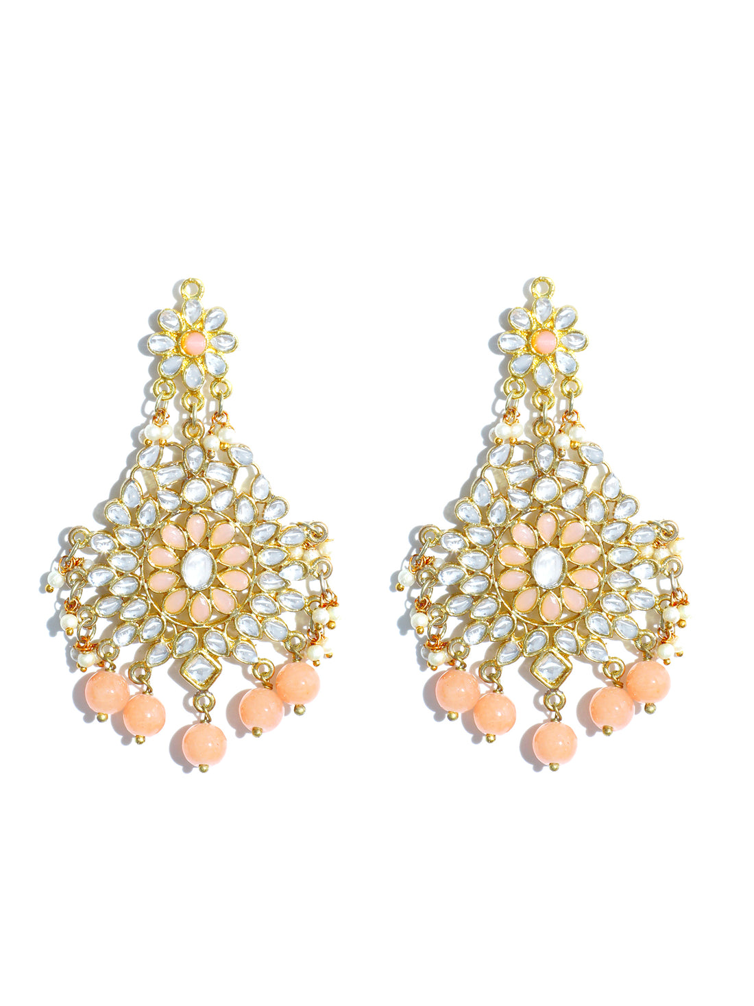 Gold Plated Peach Beads Kundan Dangler Earrings for Women