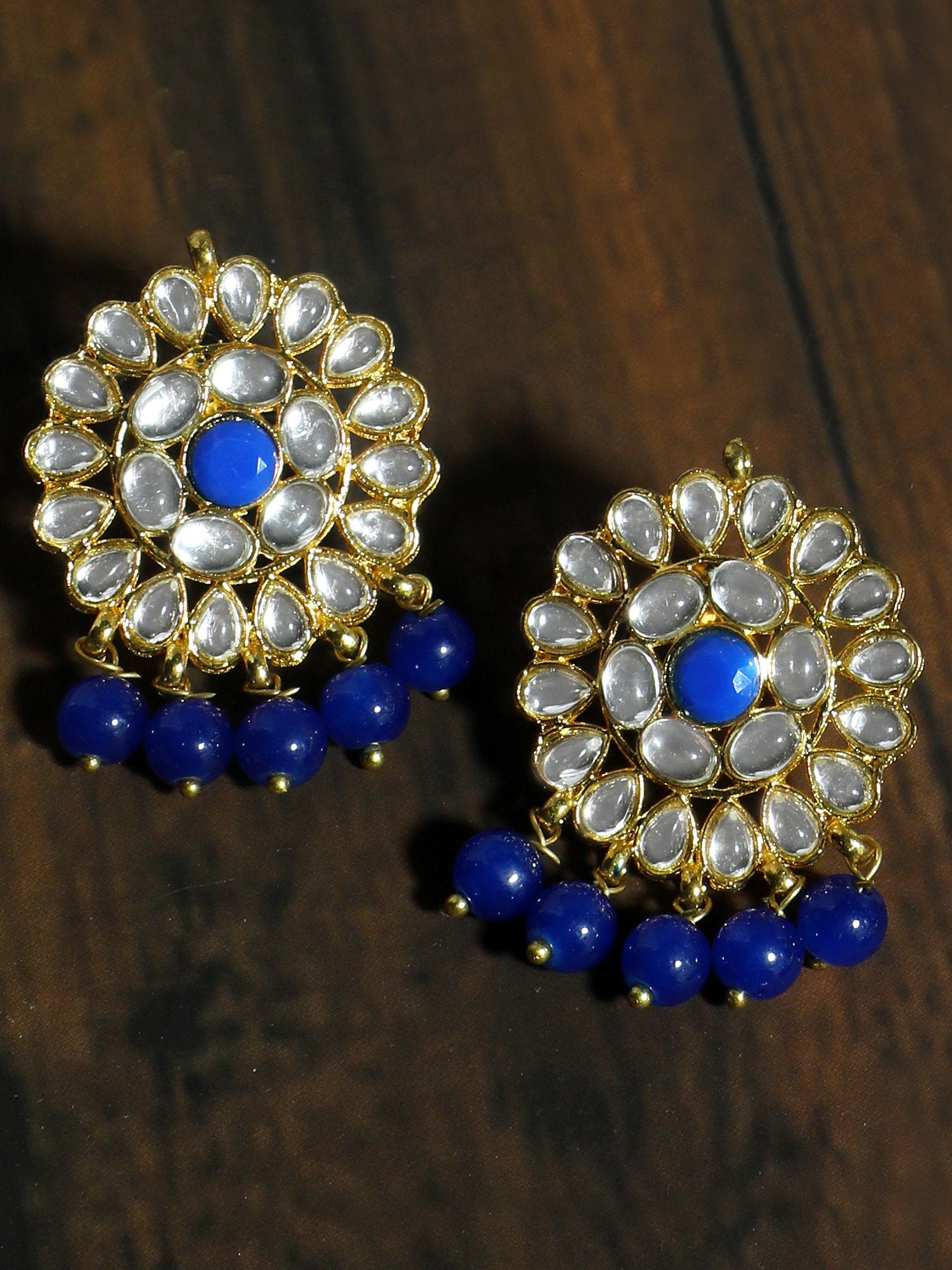 Gold Plated Blue Beads Kundan Dangler Earrings for Women