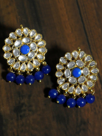 Gold Plated Blue Beads Kundan Dangler Earrings for Women