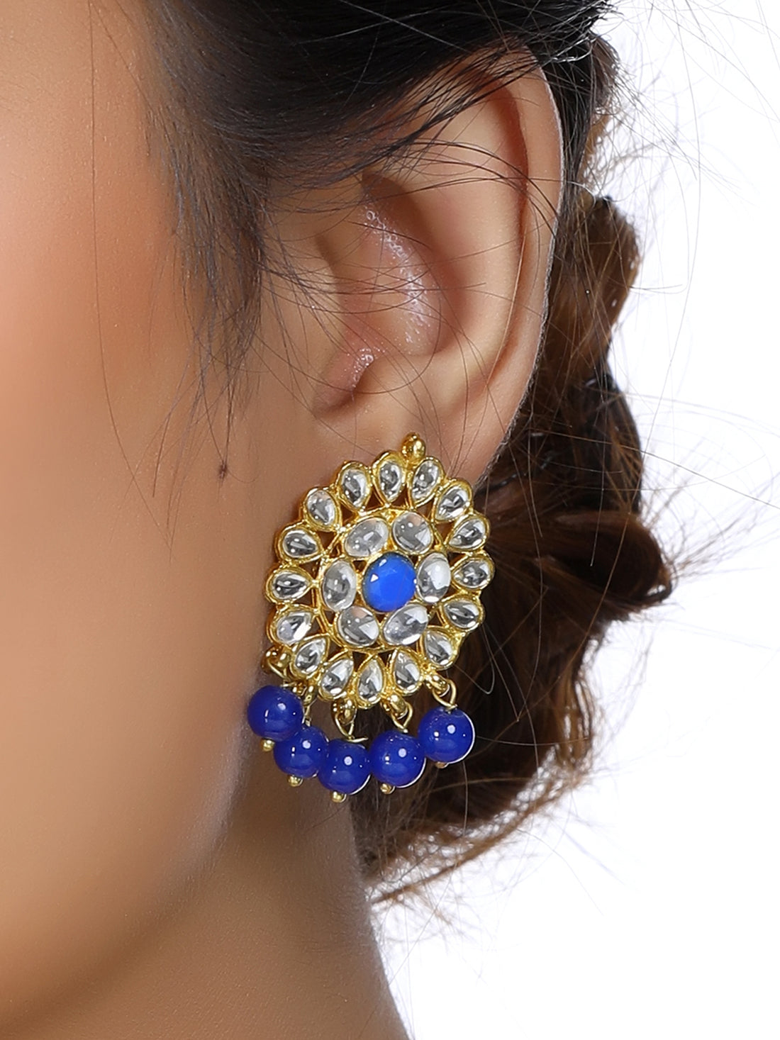 Gold Plated Blue Beads Kundan Dangler Earrings for Women