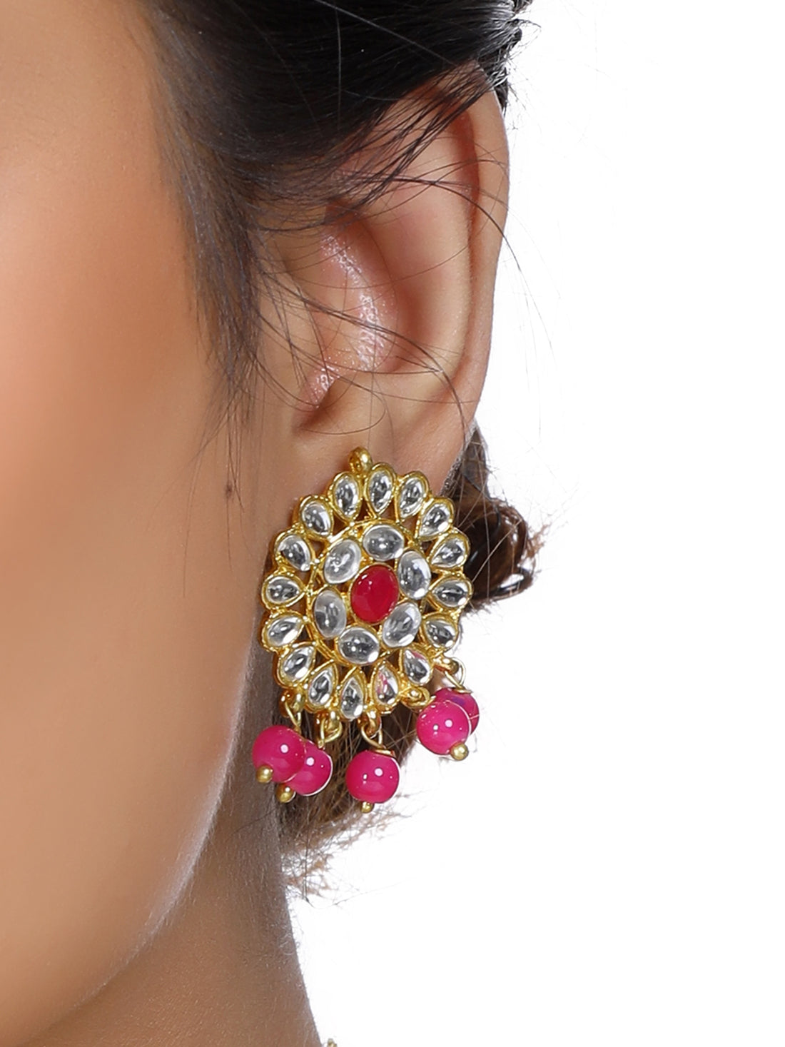 Gold Plated Pink Beads Kundan Dangler Earrings for Women