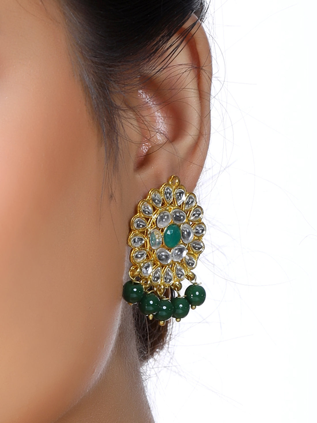 Gold Plated Green Beads Kundan Dangler Earrings for Women