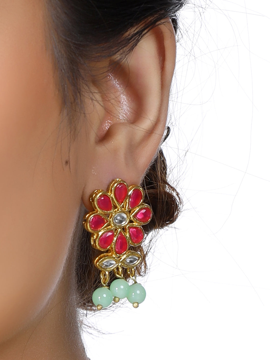 Gold Plated Mint Green Beads Red Kundan Dangler Earrings for Women