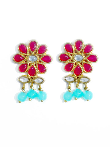 Gold Plated Blue Beads Red Kundan Dangler Earrings for Women