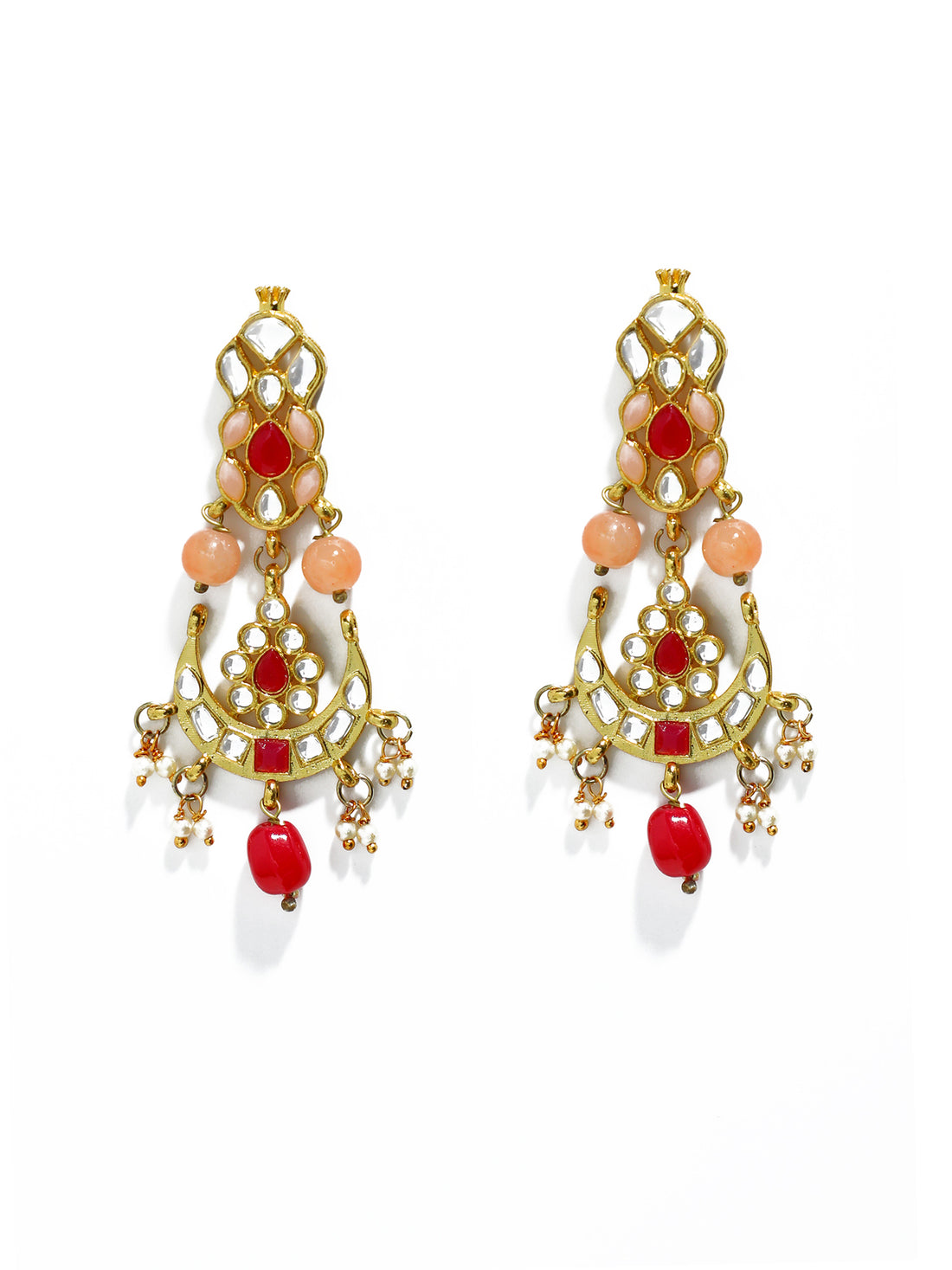 Gold Plated Peach and Red Beads Kundan Dangler Earrings for Women