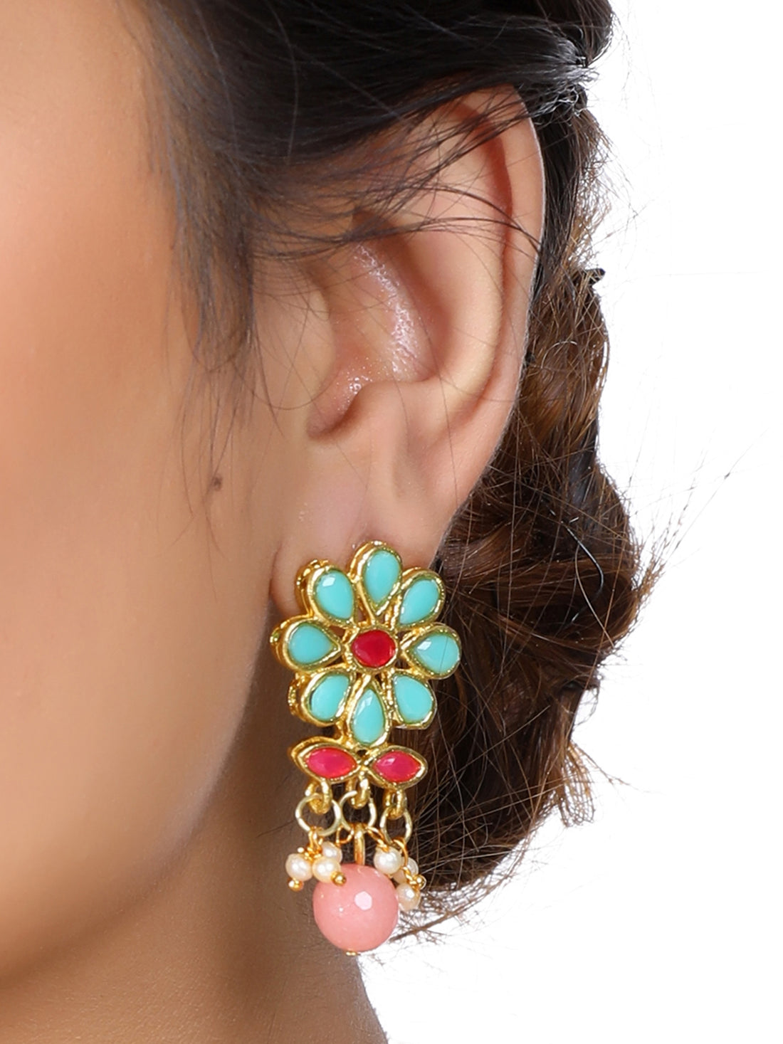 Gold Plated Peach Beads Mint Blue Kundan Dangler Earrings for Women