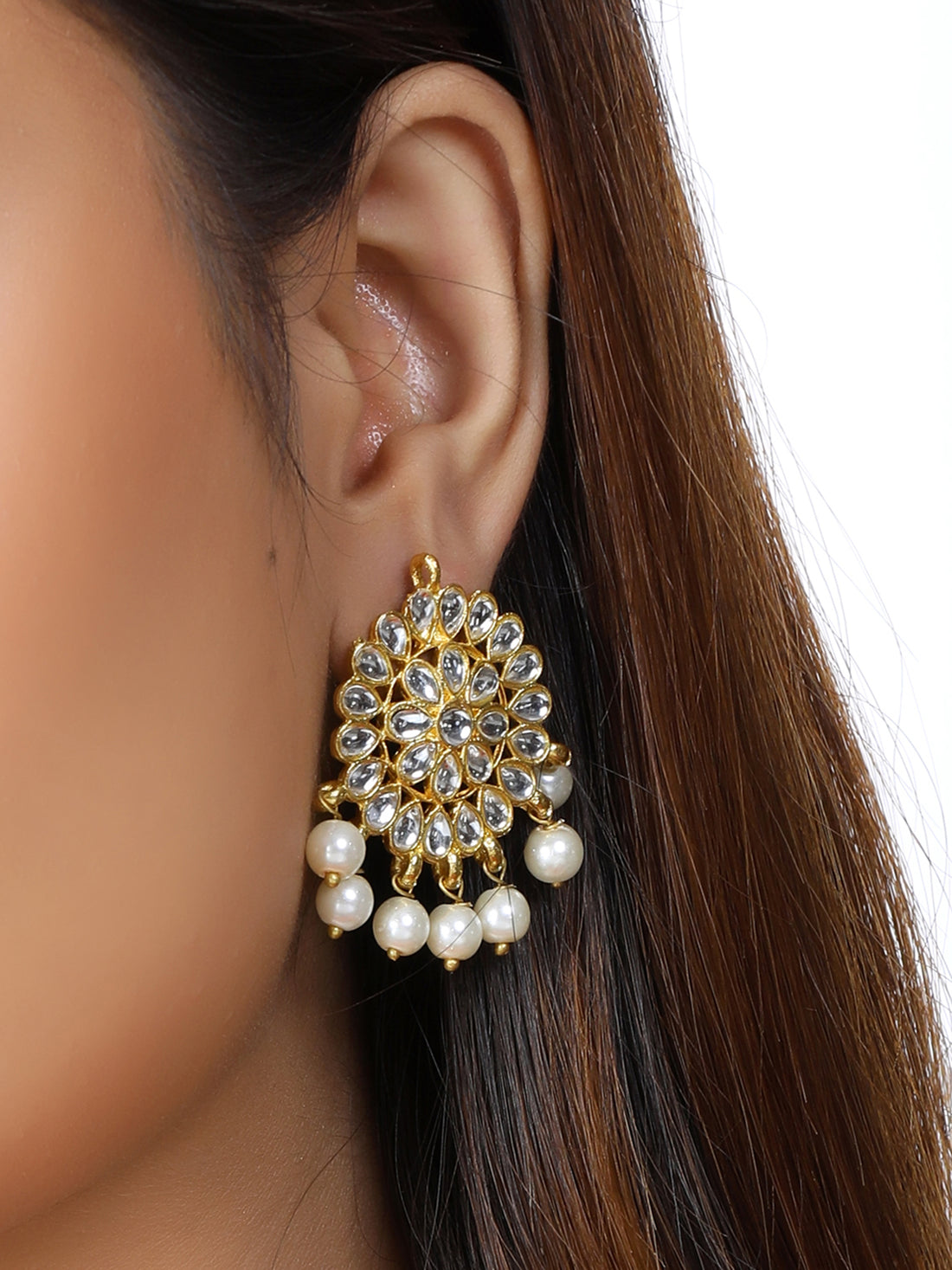 Gold Plated White Beads Kundan Dangler Earrings for Women