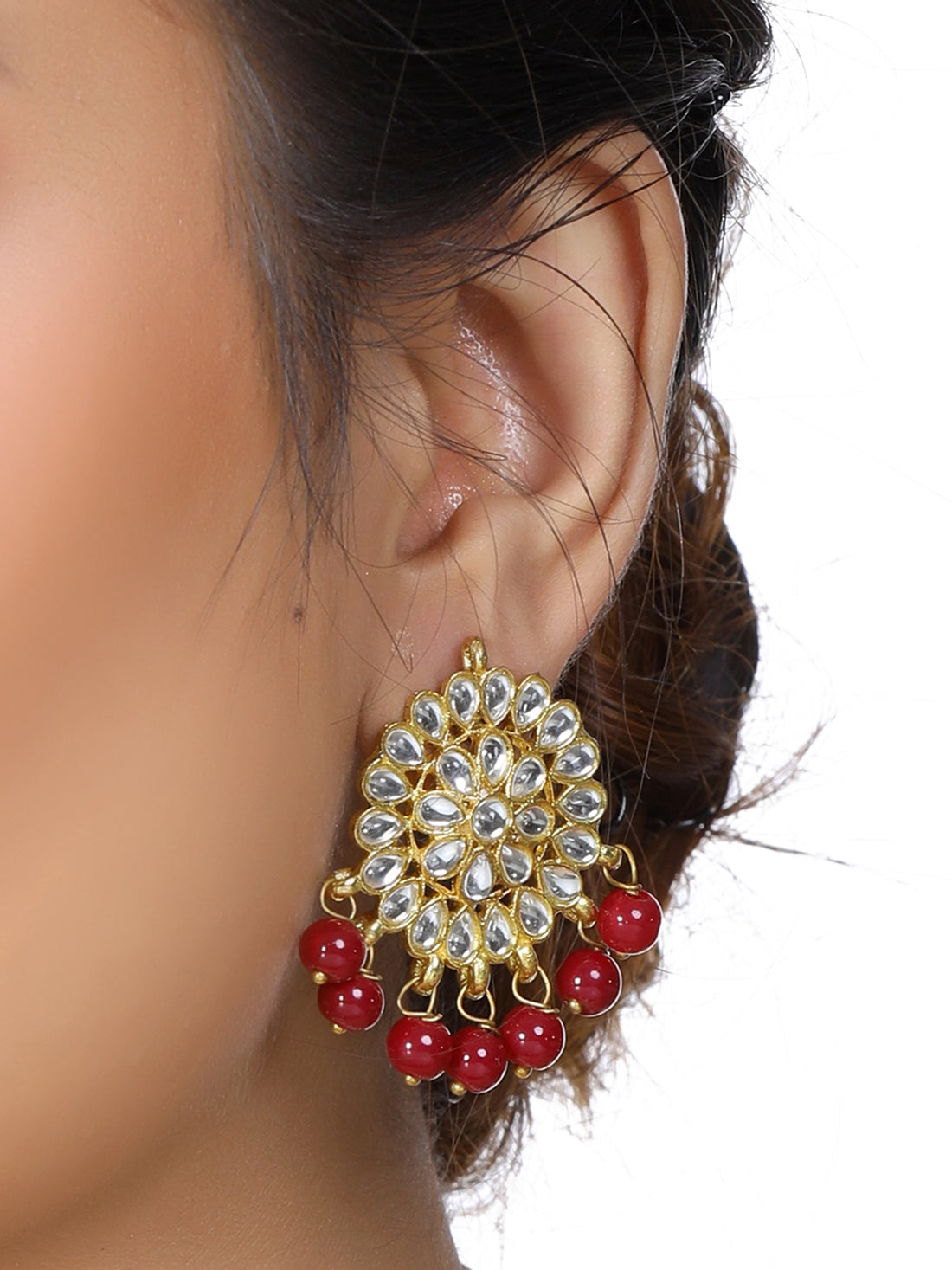 Gold Plated Red Beads Kundan Dangler Earrings for Women