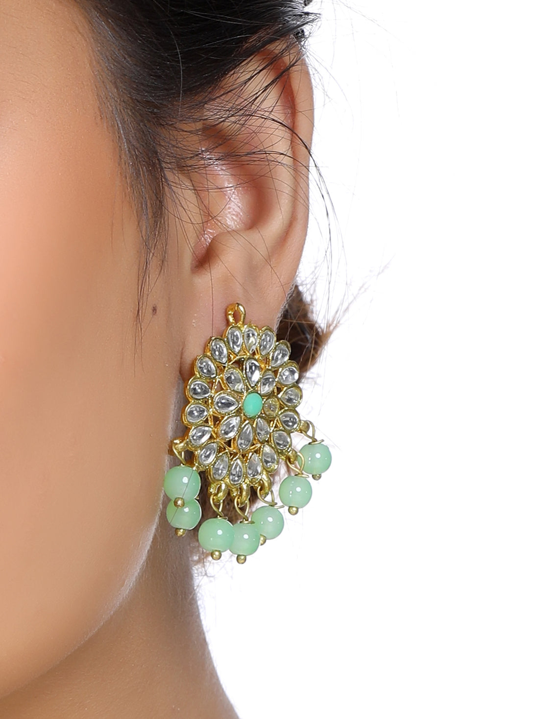 Gold Plated Mint Blue Beads Kundan Dangler Earrings for Women