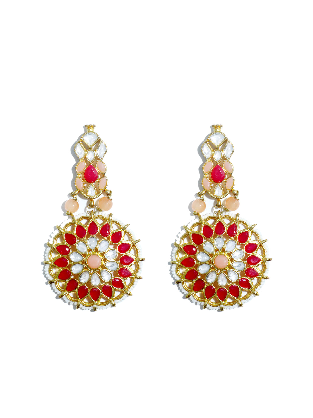 Gold Plated Peach and Red Kundan Dangler Earrings for Women