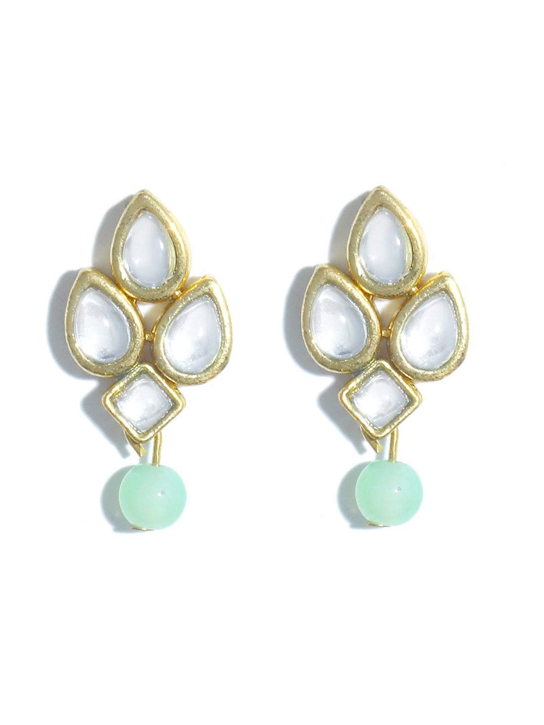 Gold Plated Mint Green Beads White Kundan Dangler Earrings for Women