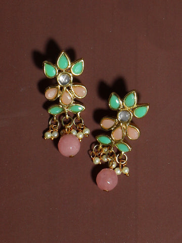 Gold Plated Peach and Mint Green Kundan Dangler Earrings for Women