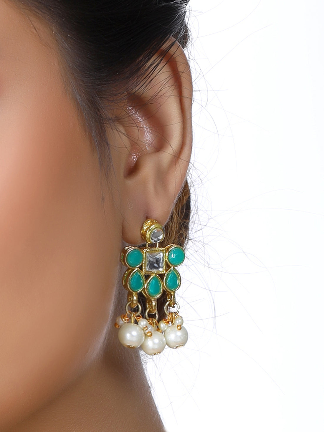 Gold Plated Pearl Beads Mint Blue Kundan Dangler Earrings for Women