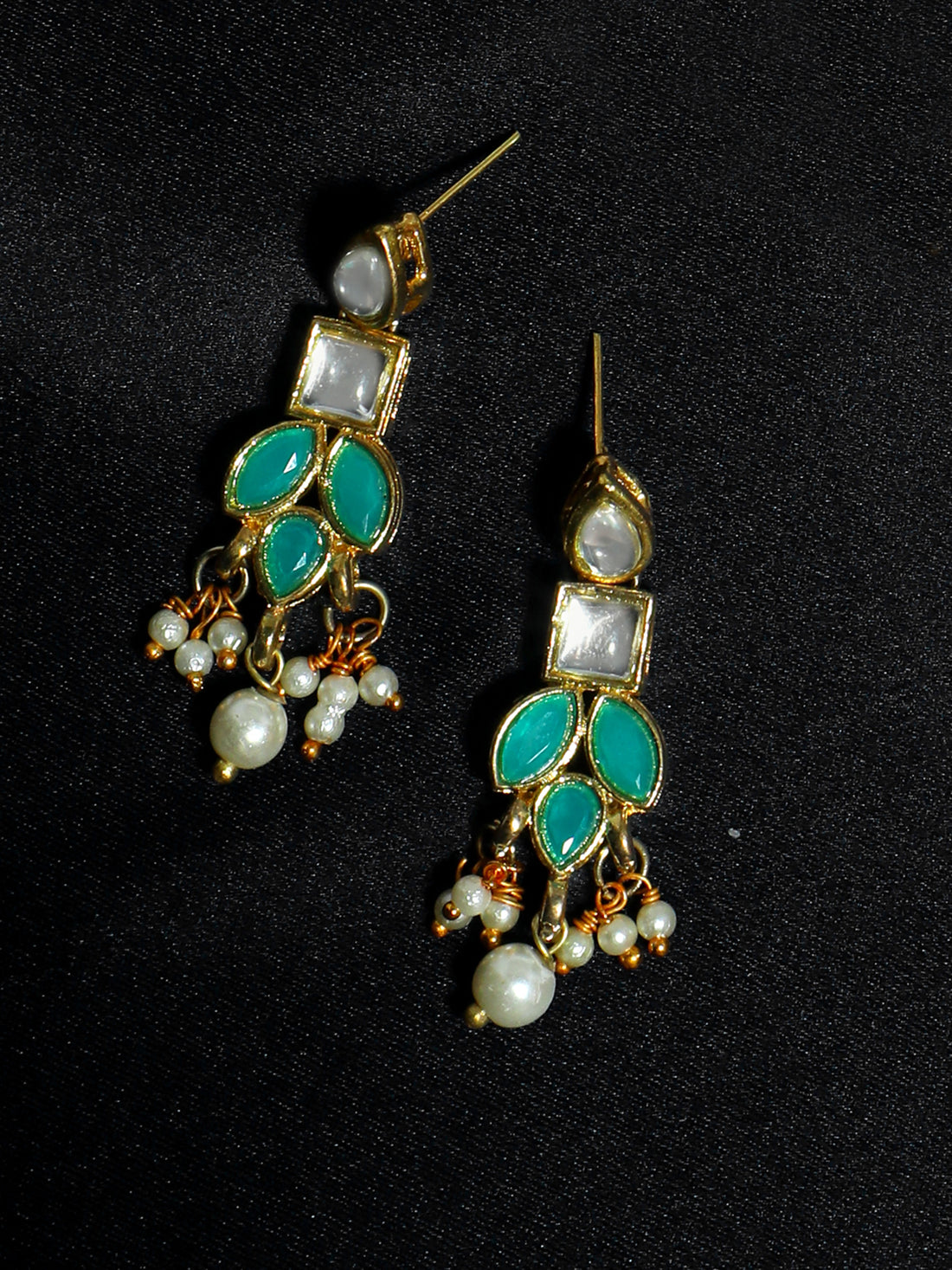 Gold Plated Pearl Beads Mint Blue Kundan Dangler Earrings for Women