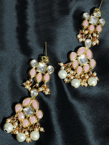 Gold Plated Pearl Beads Peach Kundan Dangler Earrings for Women