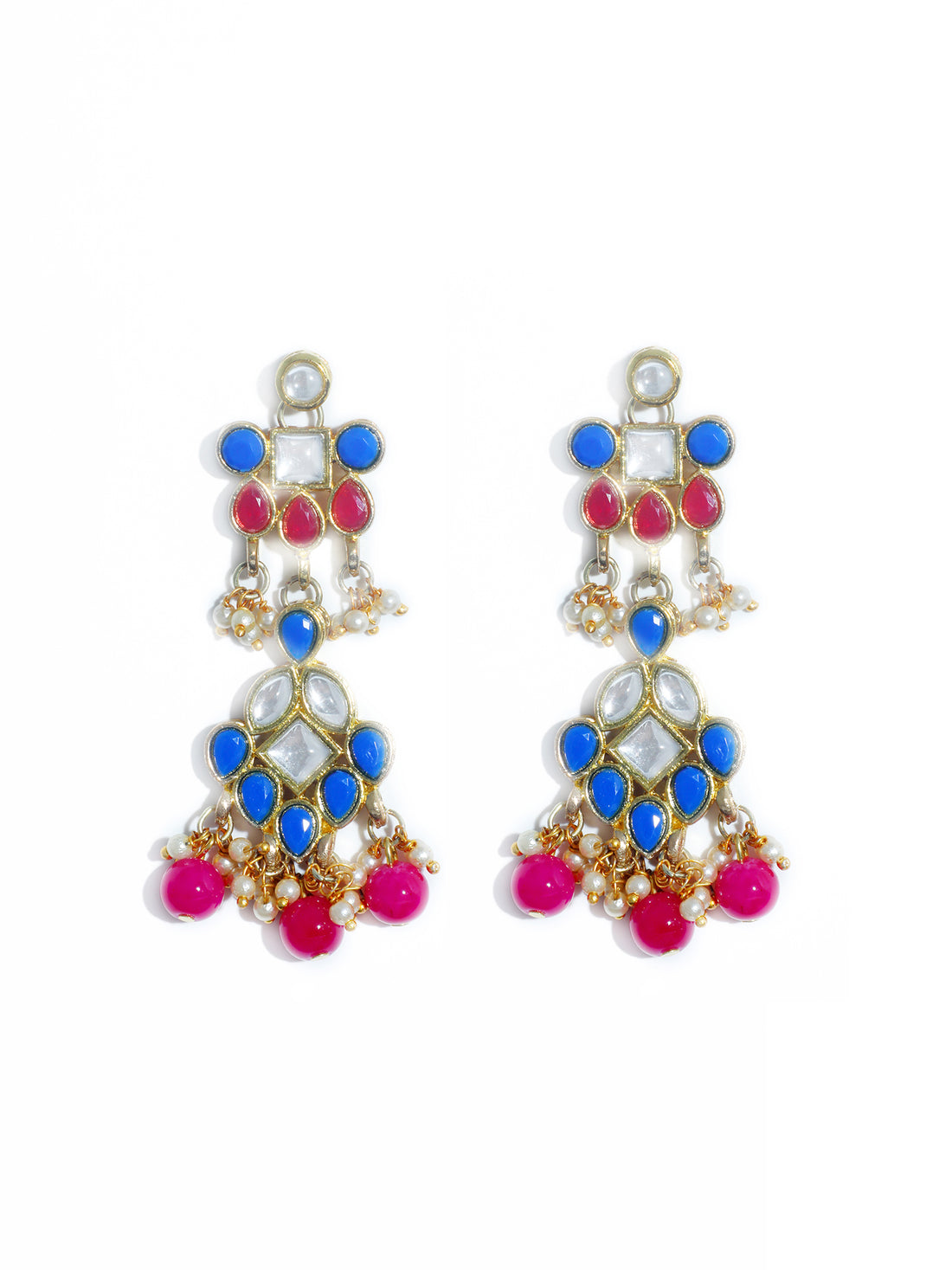 Gold Plated Pink Beads Blue Kundan Dangler Earrings for Women