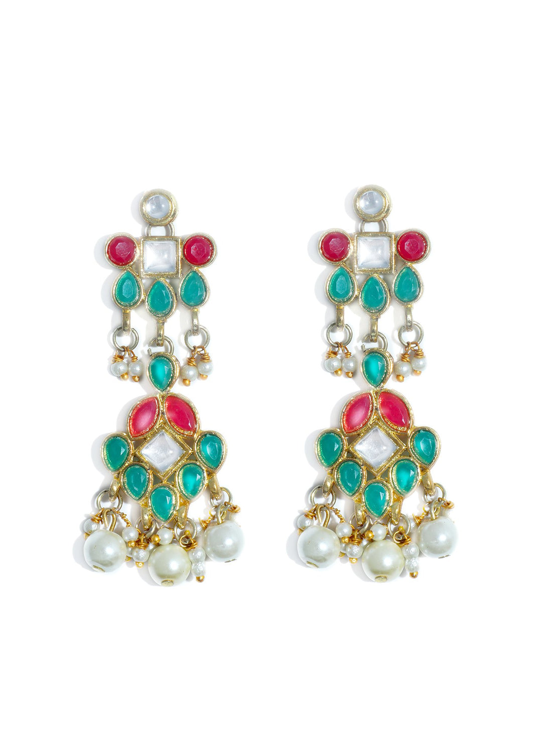 Gold Plated Pearl Beads Red and Green Kundan Dangler Earrings for Women