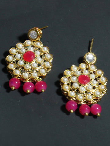 Gold Plated Pink Beads Kundan Dangler Earrings for Women