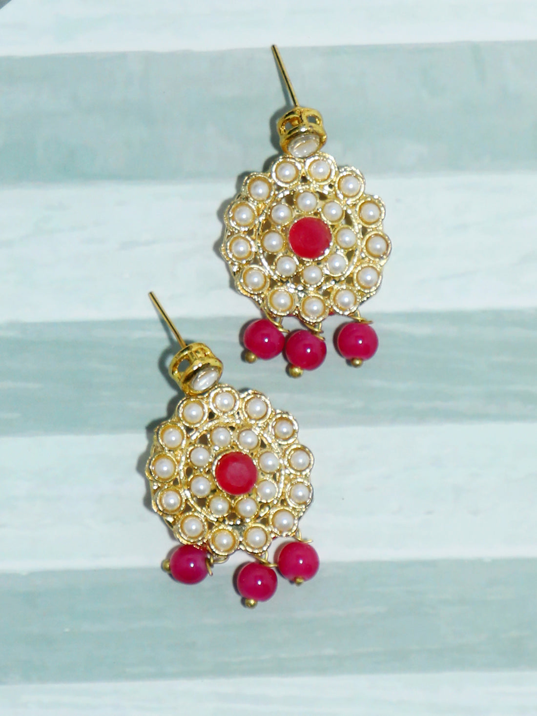 Gold Plated Pink Beads Kundan Dangler Earrings for Women