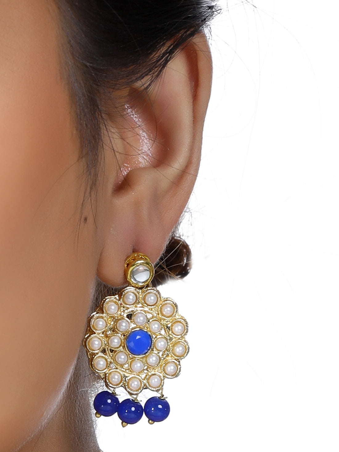 Gold Plated Blue Beads Kundan Dangler Earrings for Women