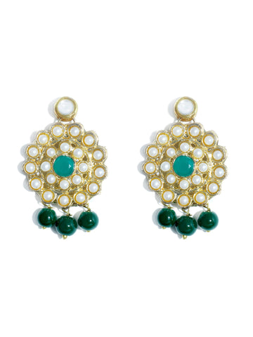 Gold Plated Green Beads Kundan Dangler Earrings for Women