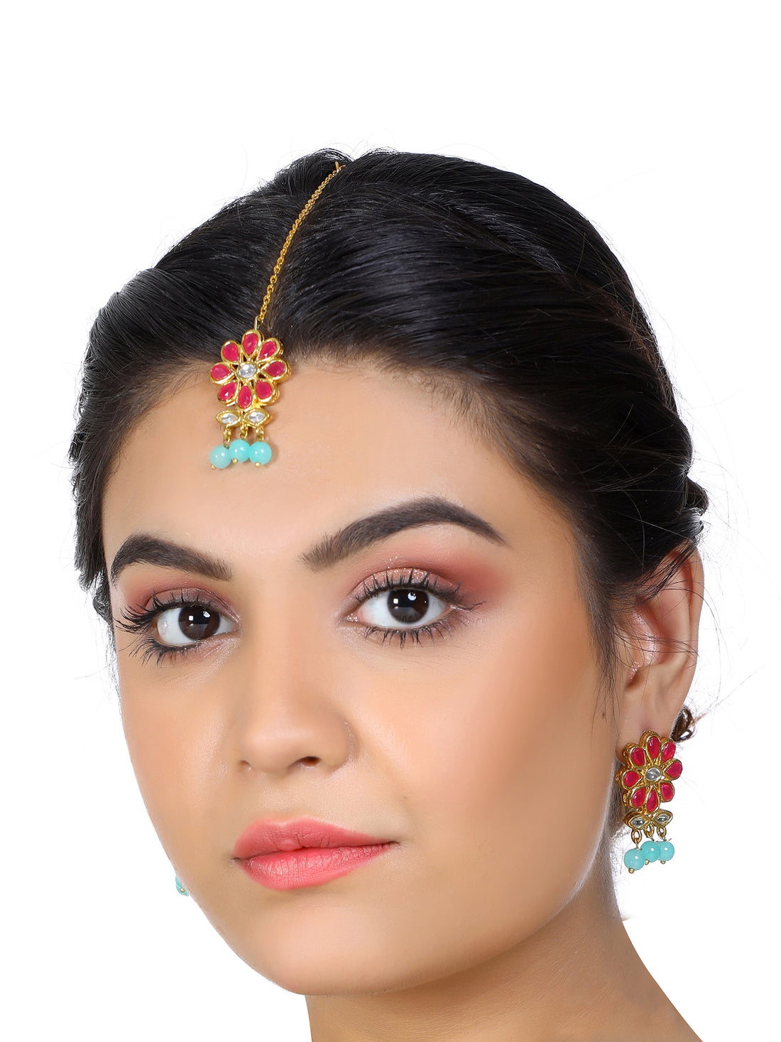 Gold Plated Blue Beads Red Kundan Dangler Earrings with Maangtikka for Women