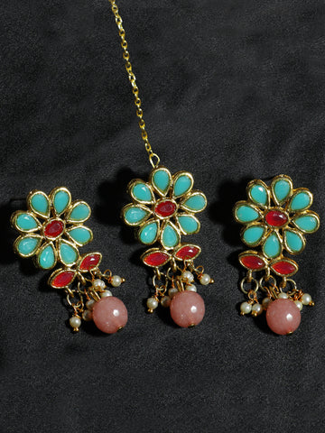 Gold Plated Peach Beads Mint Blue Kundan Dangler Earrings with Maangtikka for Women