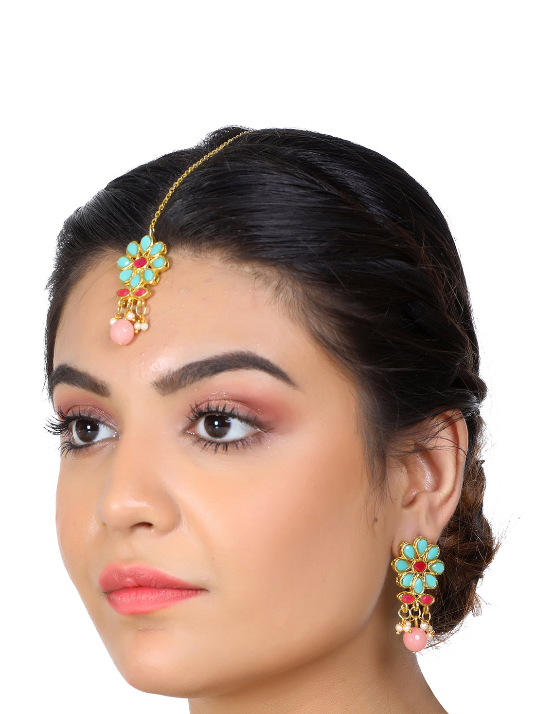 Gold Plated Peach Beads Mint Blue Kundan Dangler Earrings with Maangtikka for Women