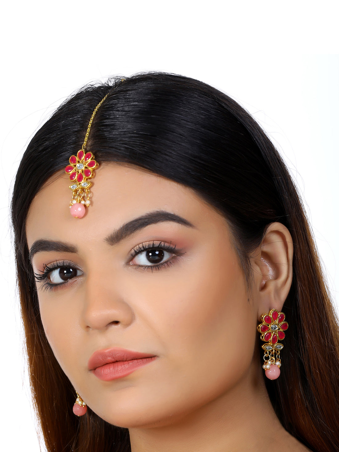 Gold Plated Peach Beads Red Kundan Dangler Earrings with Maangtikka for Women