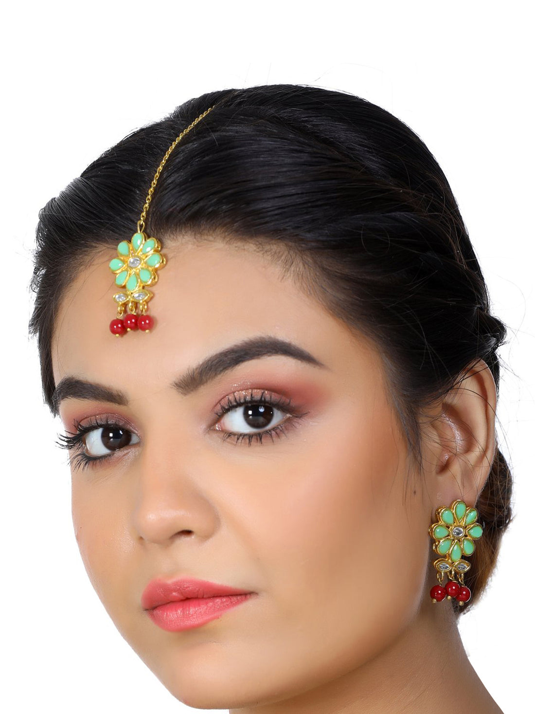 Gold Plated Red Beads Lime Green Kundan Dangler Earrings with Maangtikka for Women