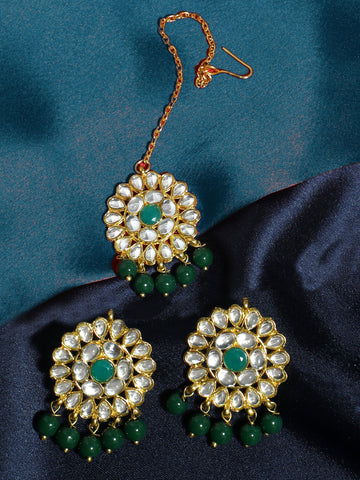 Gold Plated Green Beads Kundan Dangler Earrings with Maangtikka for Women