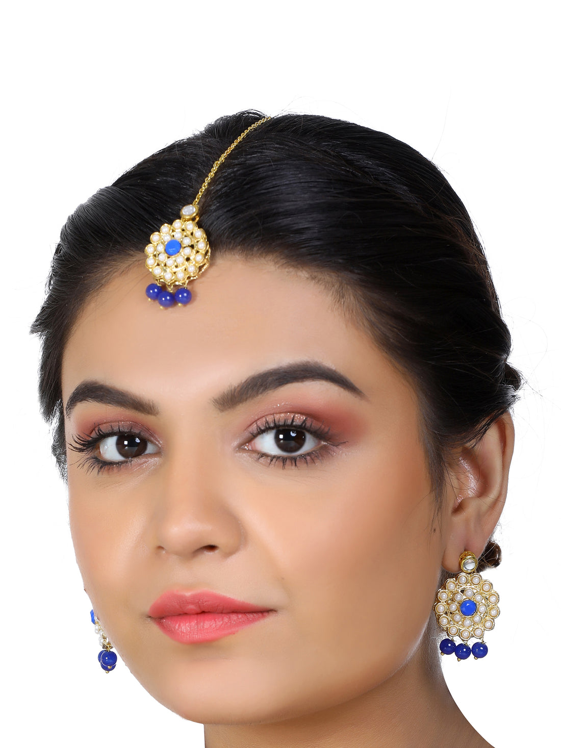 Gold Plated Blue Beads Kundan Dangler Earrings with Maangtikka for Women