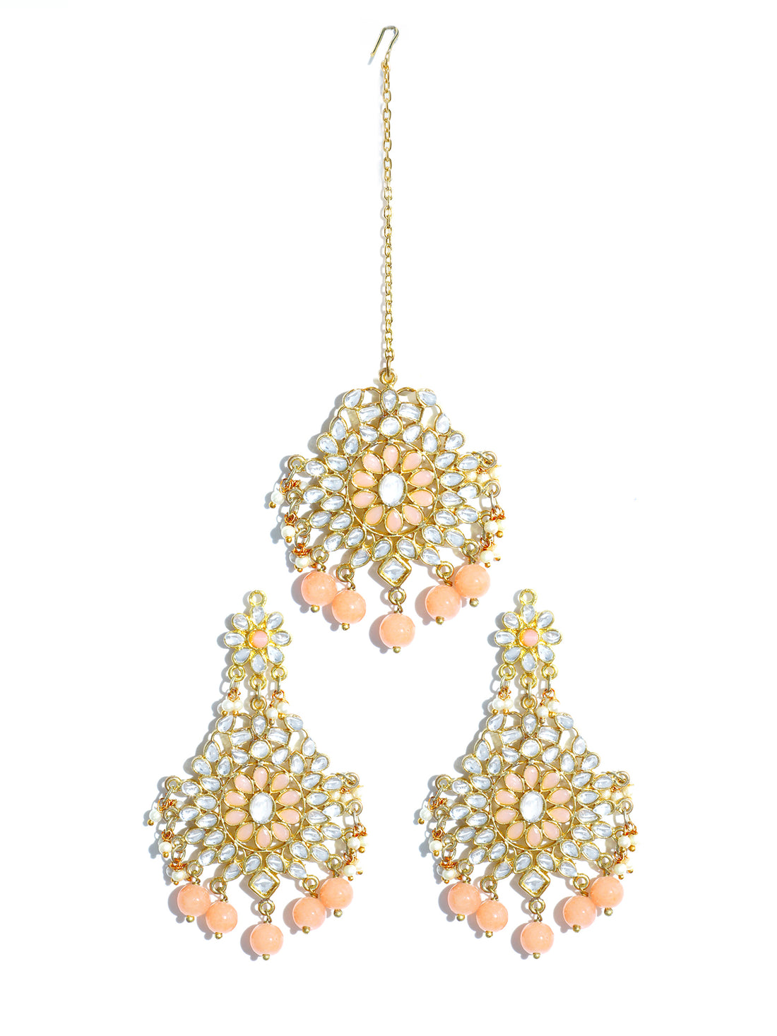 Gold Plated Peach Beads Kundan Dangler Earrings with Maangtikka for Women