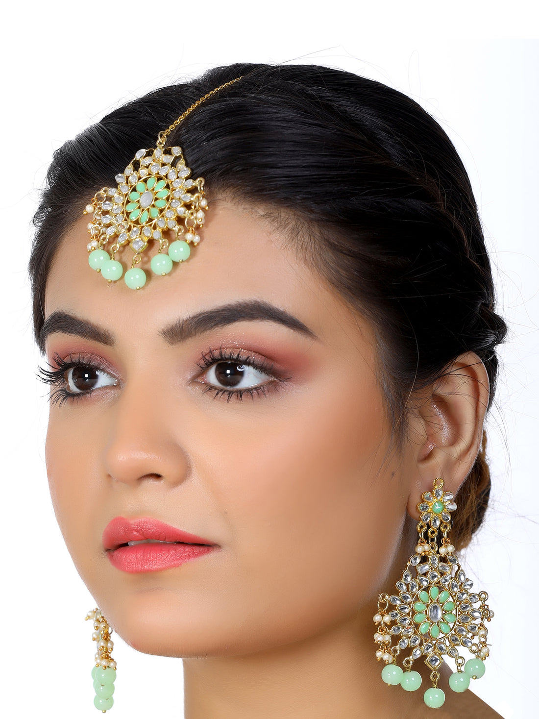 Gold Plated Mint Green Beads Kundan Dangler Earrings with Maangtikka for Women