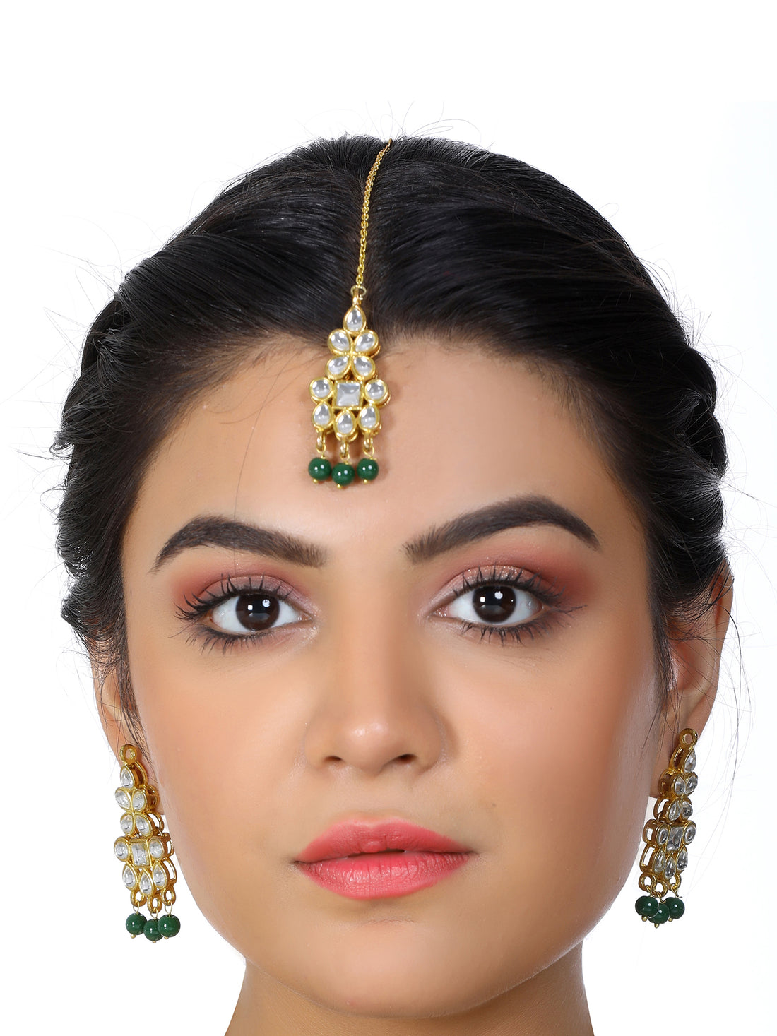 Gold Plated Green Beads Kundan Dangler Earrings with Maangtikka for Women