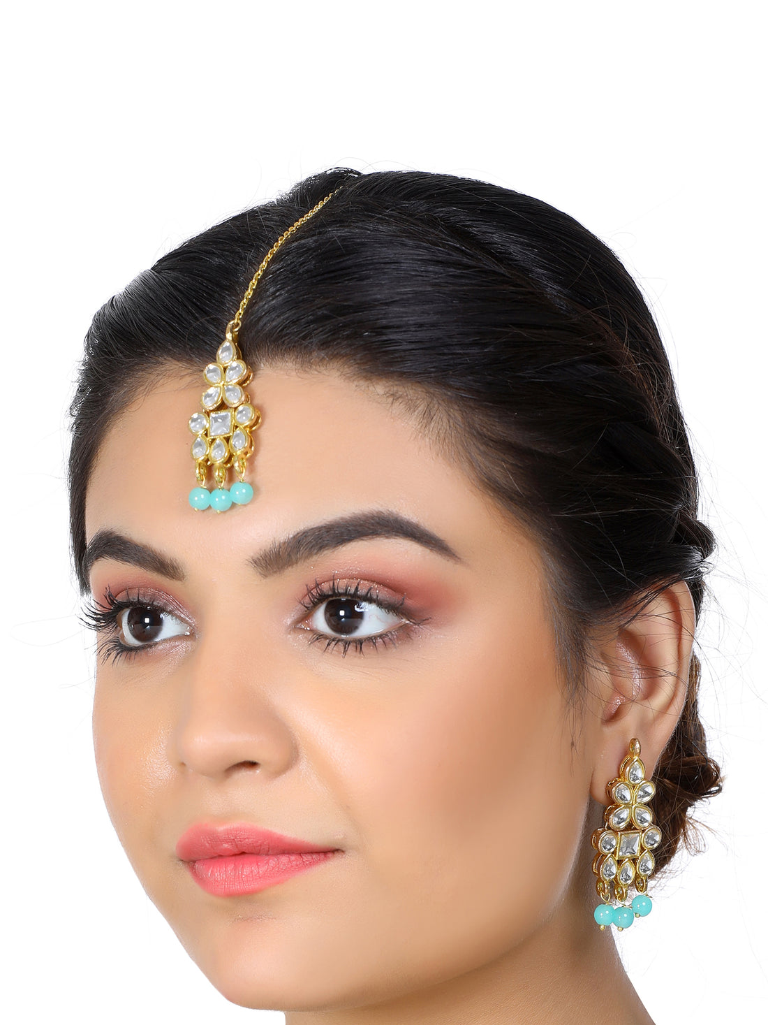 Gold Plated Mint Blue Beads Kundan Dangler Earrings with Maangtikka for Women