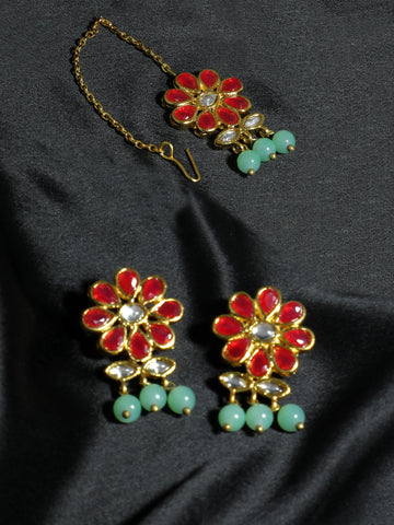 Gold Plated Mint Green Beads Red Kundan Dangler Earrings with Maangtikka for Women