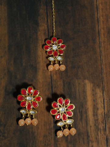 Gold Plated Peach Beads Red Kundan Dangler Earrings with Maangtikka for Women