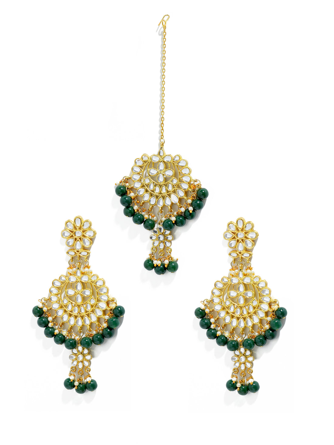 Gold Plated Green Drops Kundan Chandbali Earrings with Maangtikka for Women