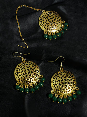 Gold Plated Green Beads Kundan Dangler Earrings with Maangtikka for Women