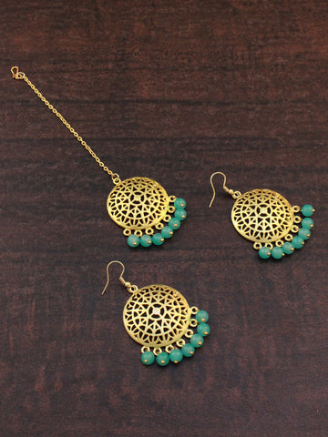 Gold Plated Mint Blue Beads Kundan Dangler Earrings with Maangtikka for Women