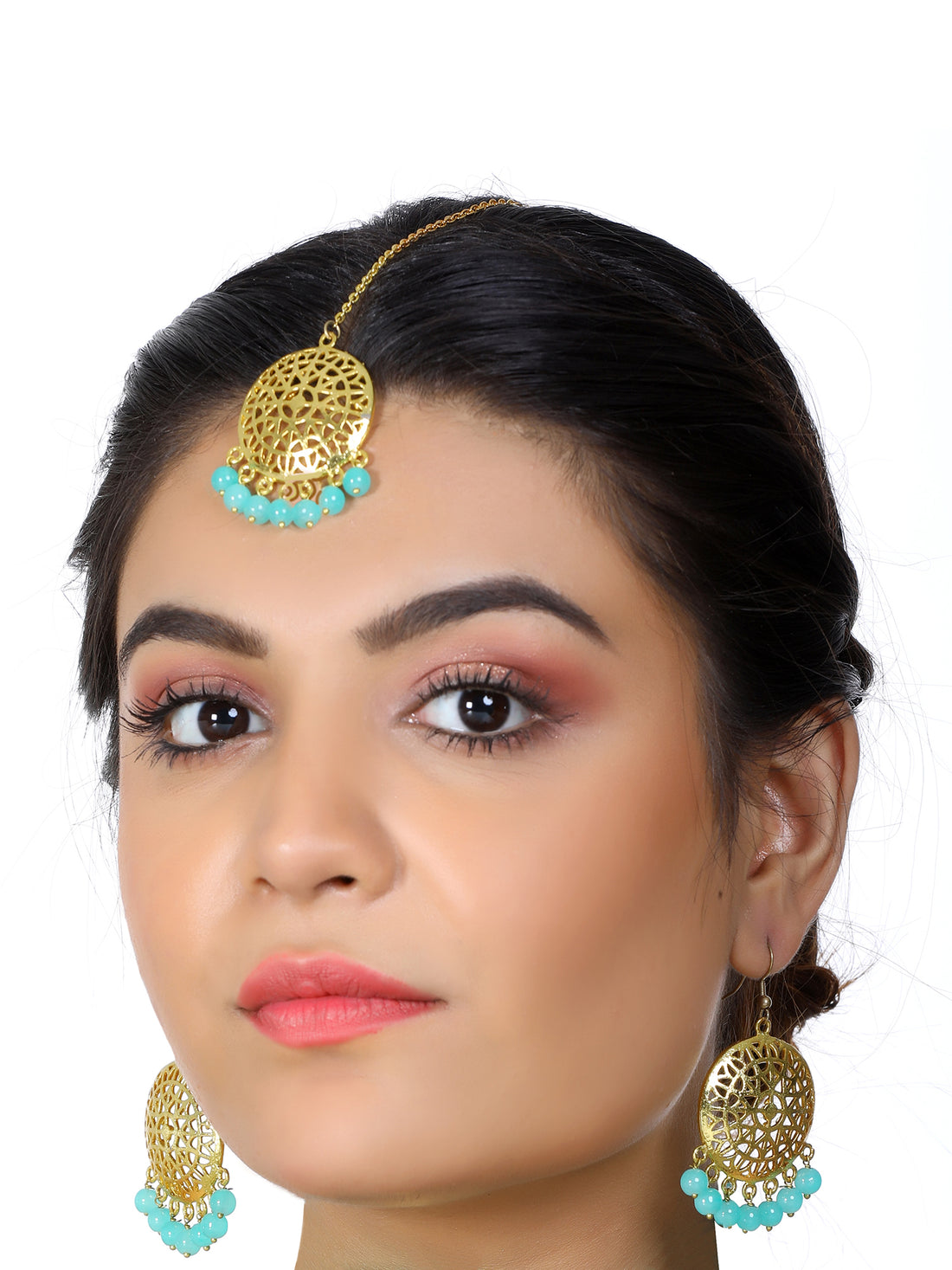 Gold Plated Mint Blue Beads Kundan Dangler Earrings with Maangtikka for Women