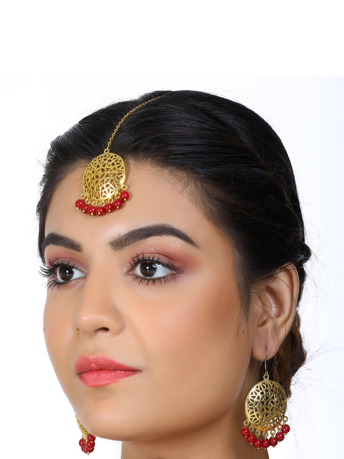 Gold Plated Red Beads Kundan Dangler Earrings with Maangtikka for Women