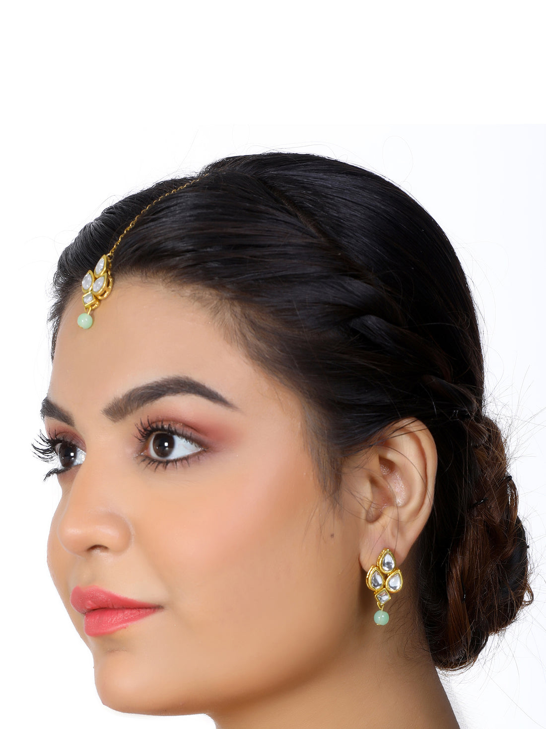 Gold Plated Mint Green Beads White Kundan Dangler Earrings with Maangtikka for Women