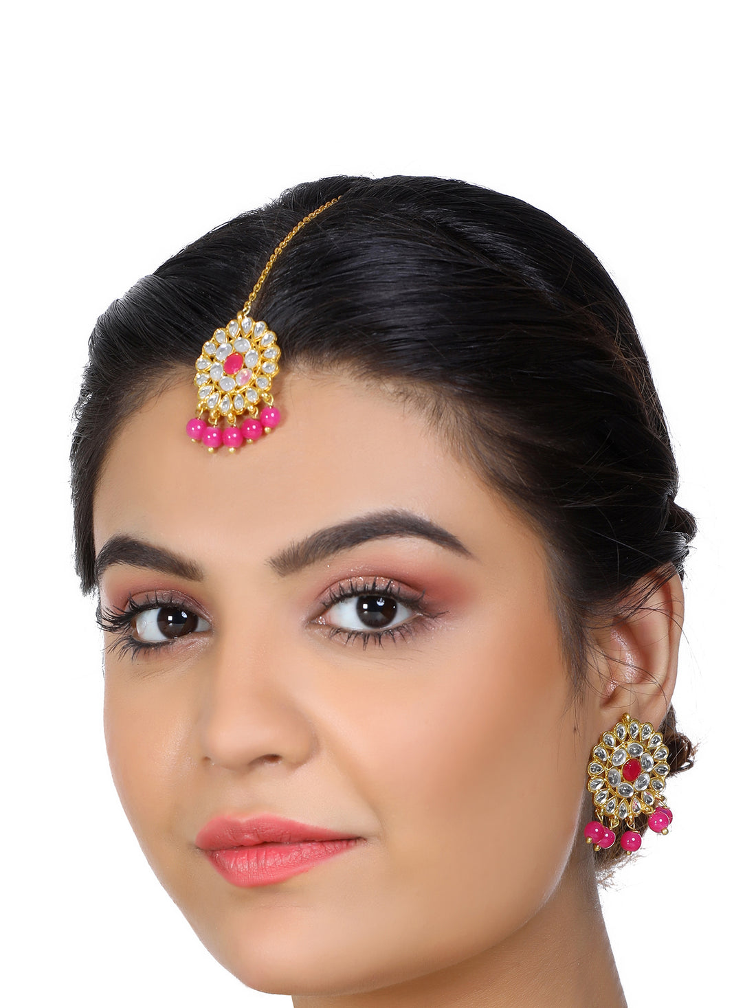 Gold Plated Pink Beads Kundan Dangler Earrings with Maangtikka for Women